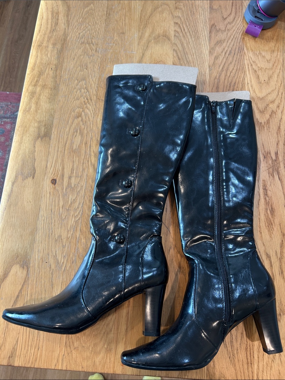Nickels Black Knee-High Leather Heeled Boots with Button Detail